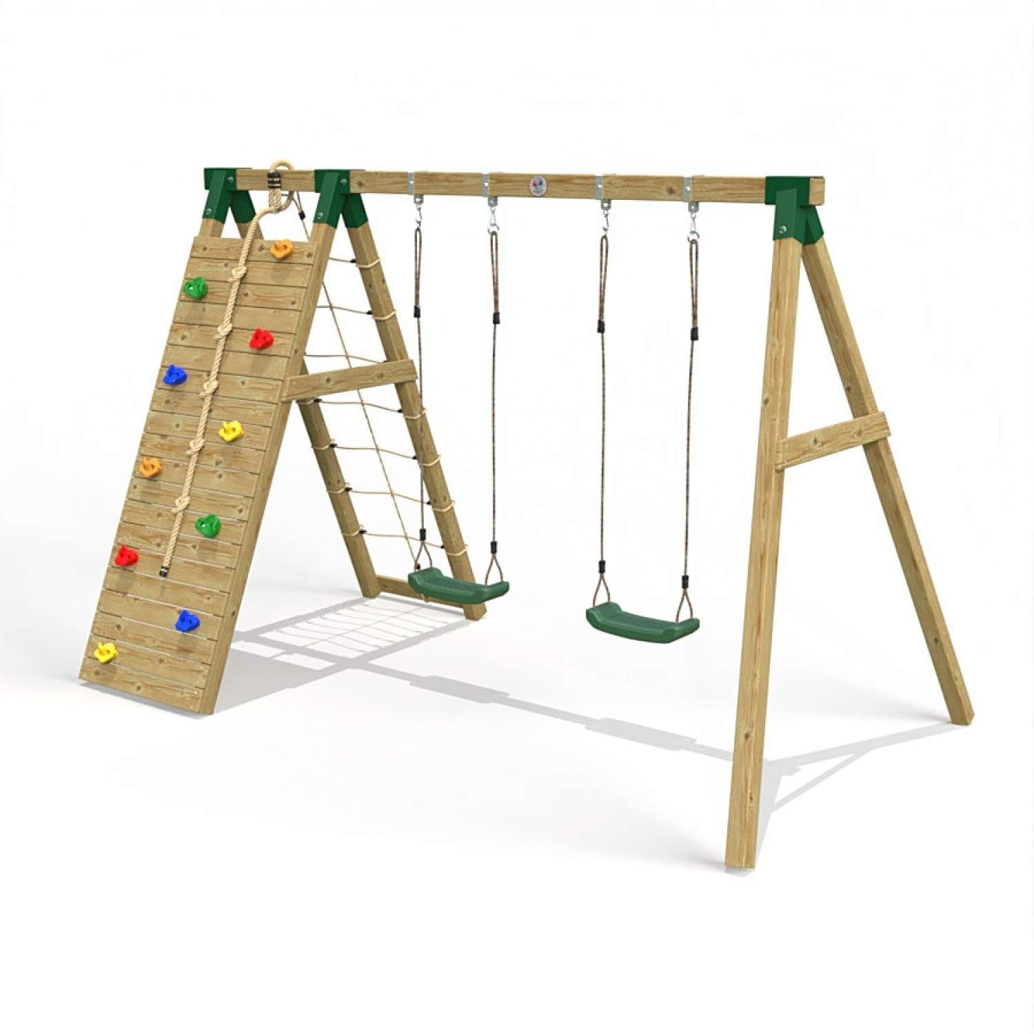 Little Rascals Double Swing Set with Climbing Wall/Net & 2 Swing Seats