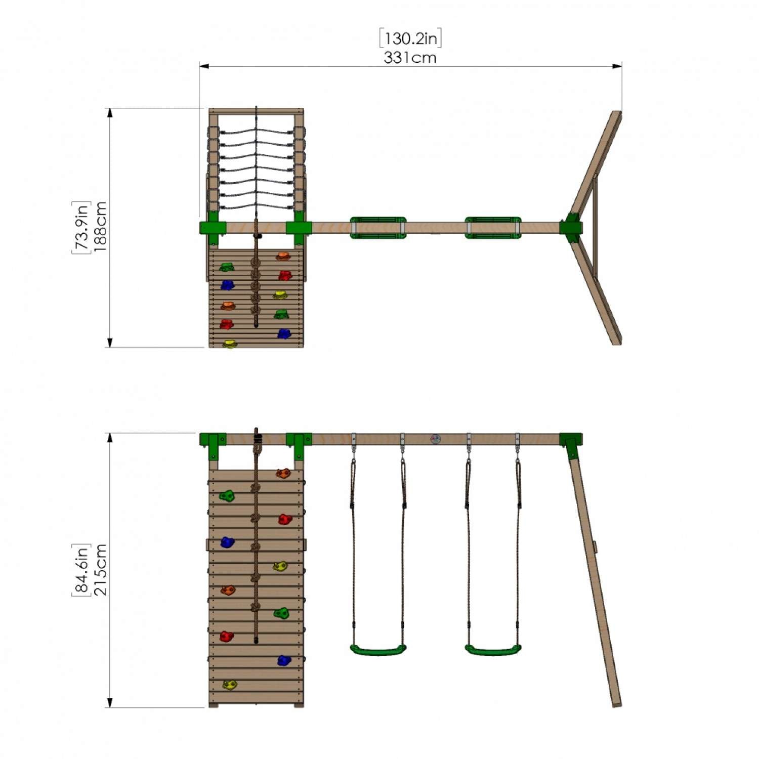 Little Rascals Double Swing Set with Climbing Wall/Net & 2 Swing Seats