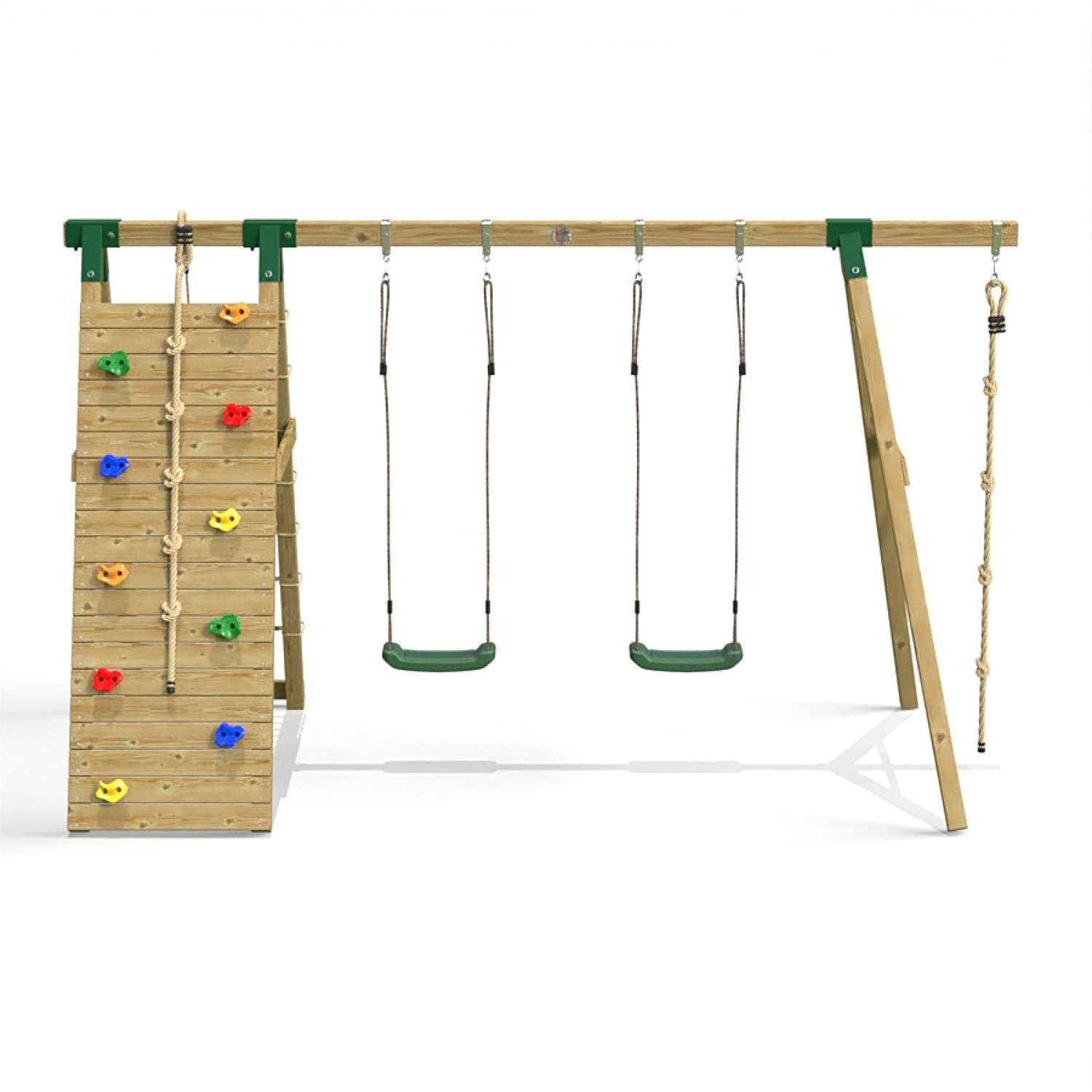 Little Rascals Double Swing Set with Climbing Wall/Net, 2 Swing Seats & Climbing Rope