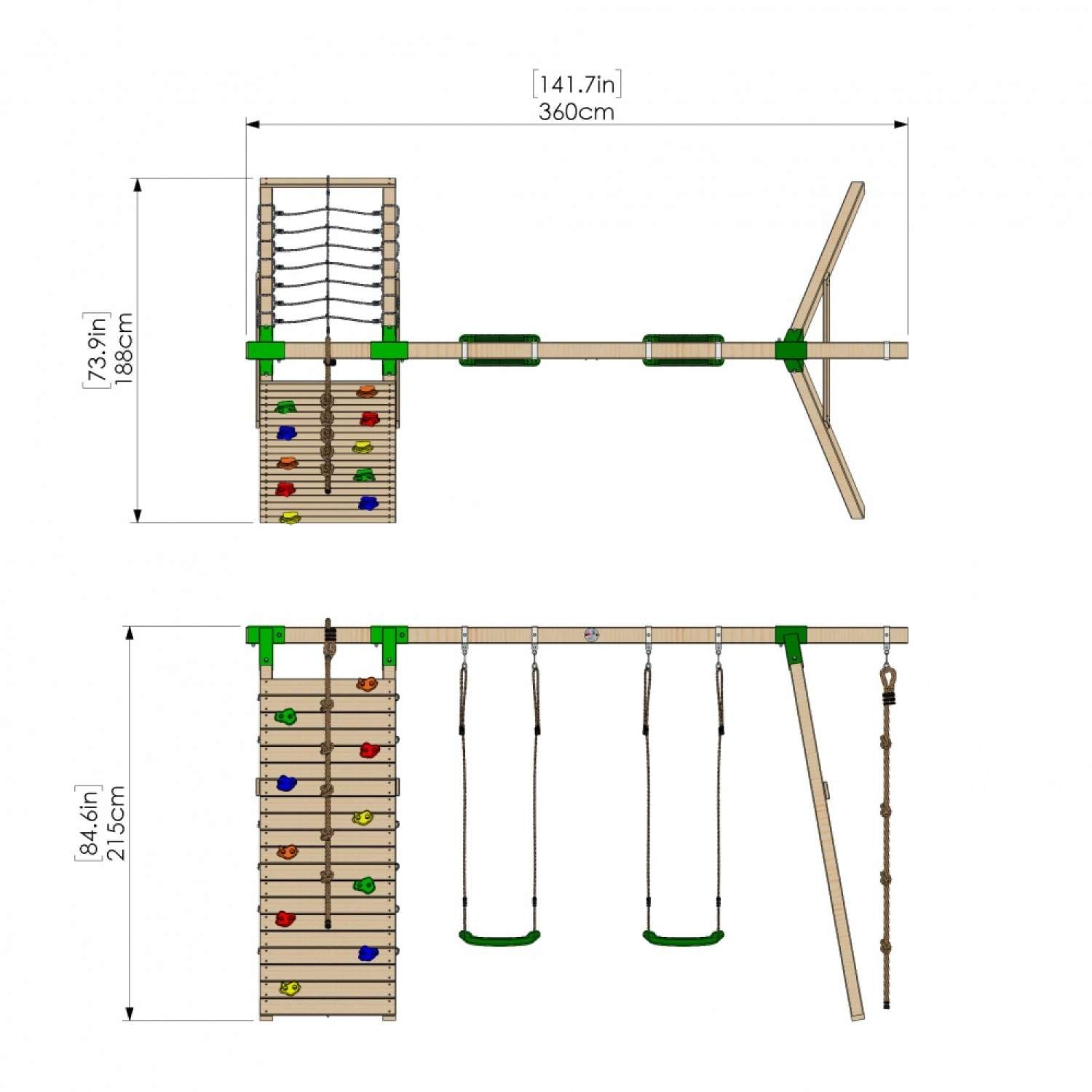 Little Rascals Double Swing Set with Climbing Wall/Net, 2 Swing Seats & Climbing Rope