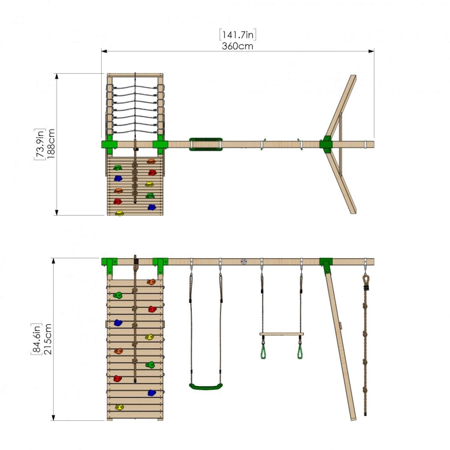 Little Rascals Double Swing Set with Climbing Wall/Net, Swing Seat, Trapeze Bar & Climbing Rope