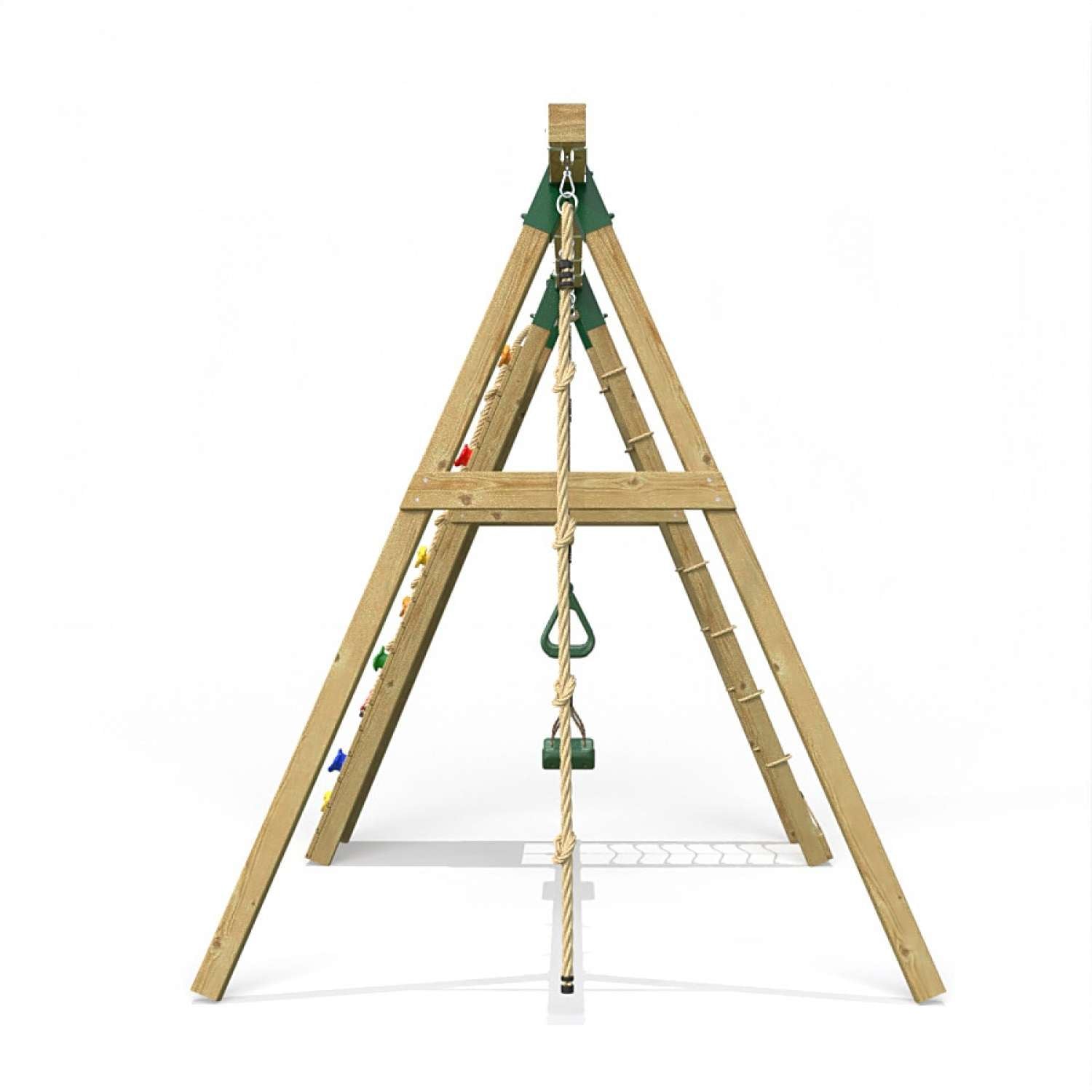 Little Rascals Double Swing Set with Climbing Wall/Net, Swing Seat, Trapeze Bar & Climbing Rope