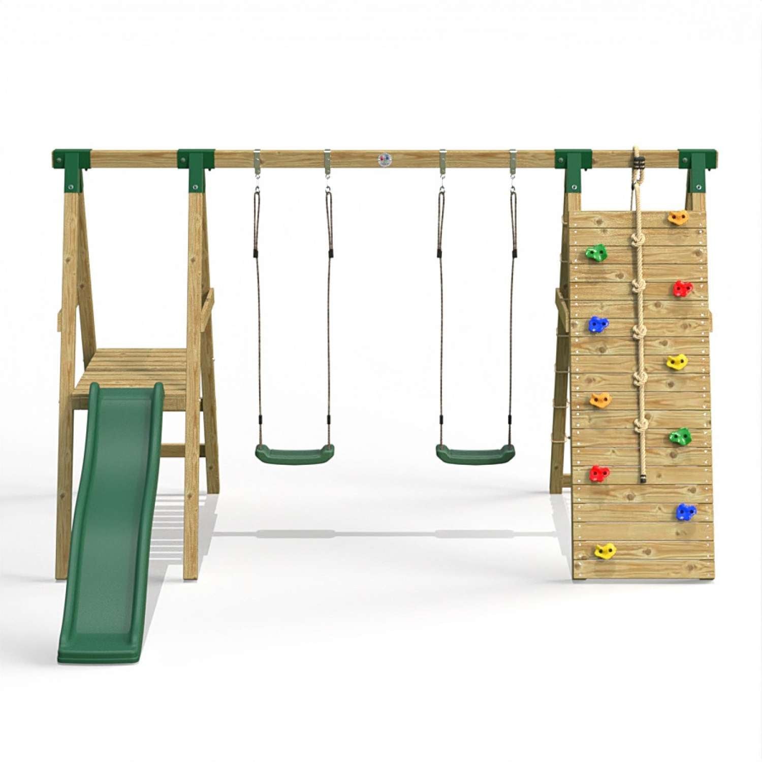 Little Rascals Double Swing Set with Slide, Climbing Wall/Net & 2 Swing Seats