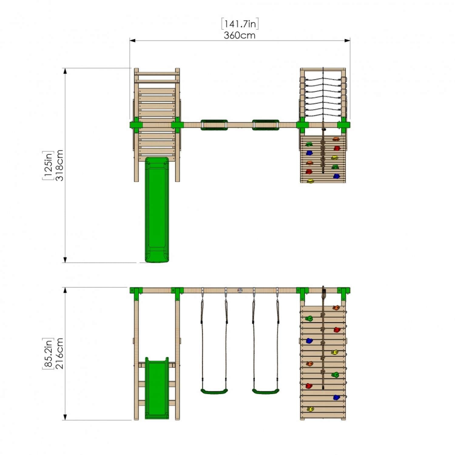 Little Rascals Double Swing Set with Slide, Climbing Wall/Net & 2 Swing Seats