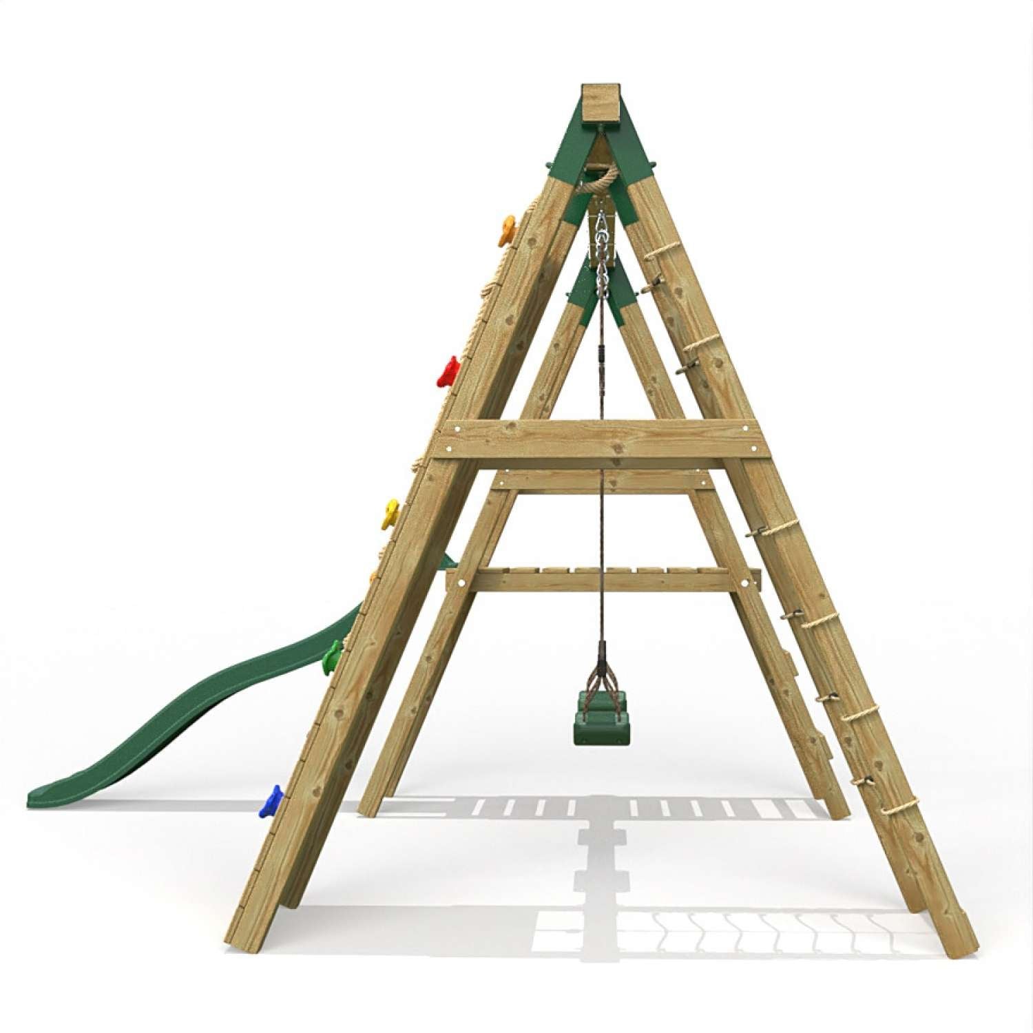 Little Rascals Double Swing Set with Slide, Climbing Wall/Net & 2 Swing Seats