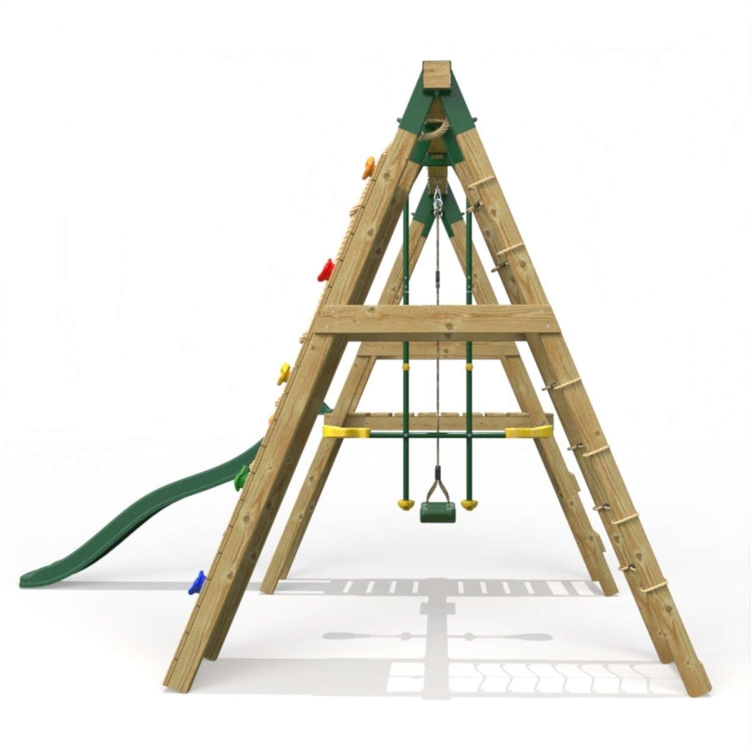 Little Rascals Double Swing Set with Slide, Climbing Wall/Net, Swing Seat & Glider