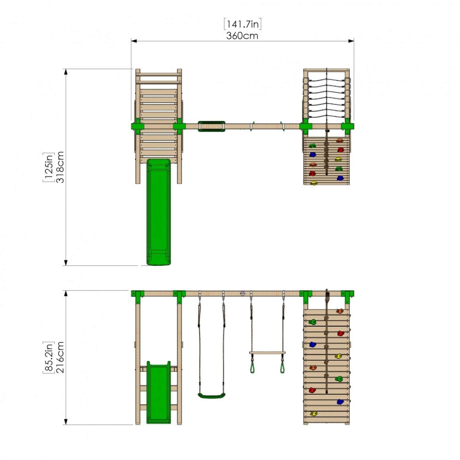 Little Rascals Double Swing Set with Slide, Climbing Wall/Net, Swing Seat & Trapeze Bar