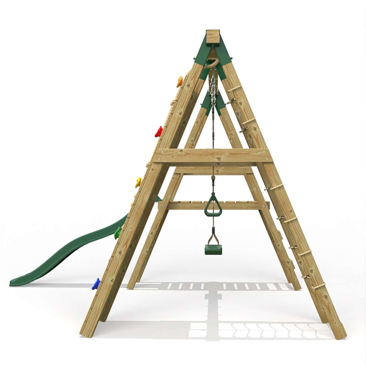 Little Rascals Double Swing Set with Slide, Climbing Wall/Net, Swing Seat & Trapeze Bar