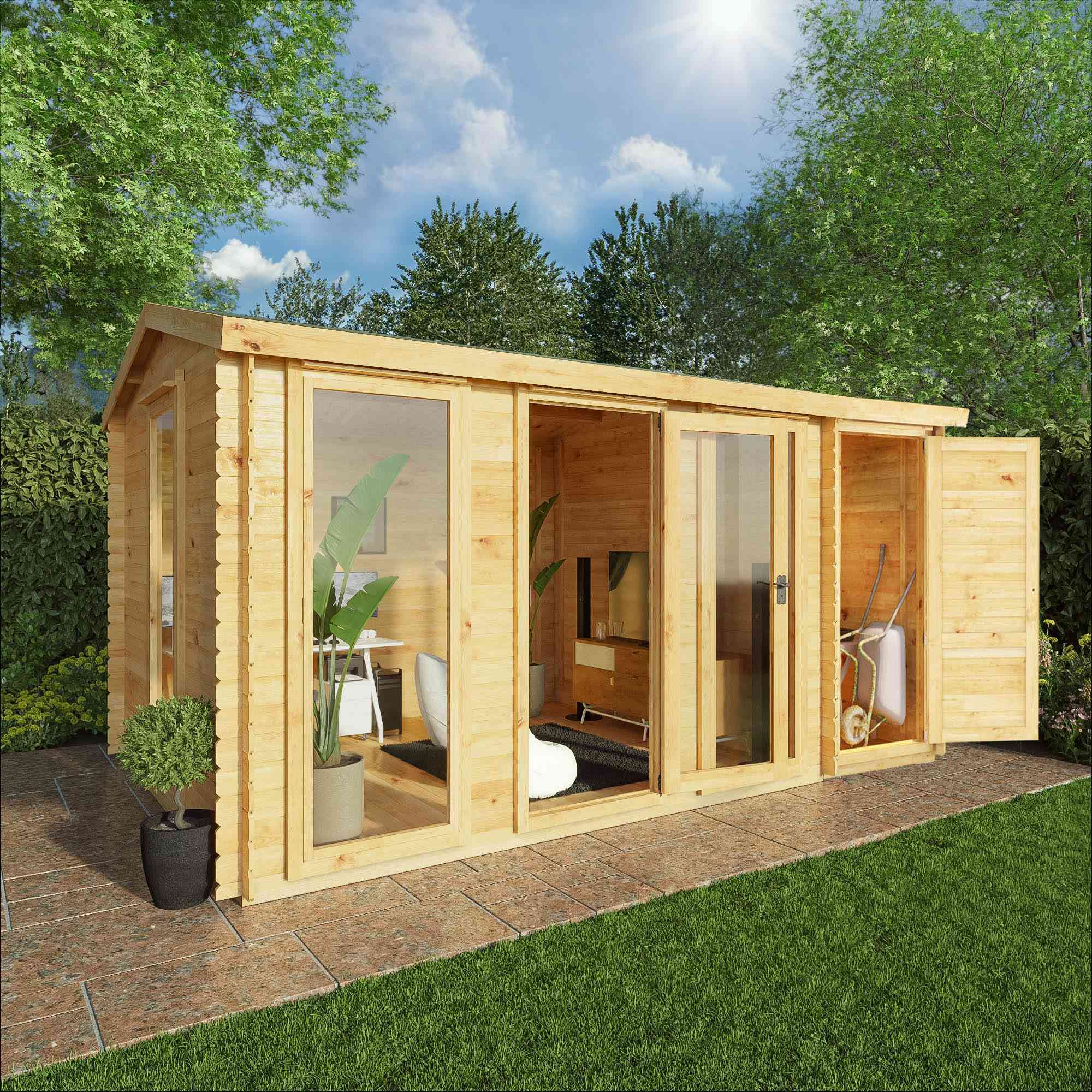 Mercia 19mm Reverse Apex Log Cabin With Side Shed (15x10) (4.6m x 3m) (SI-006-001-0040 EAN 5029442018744)