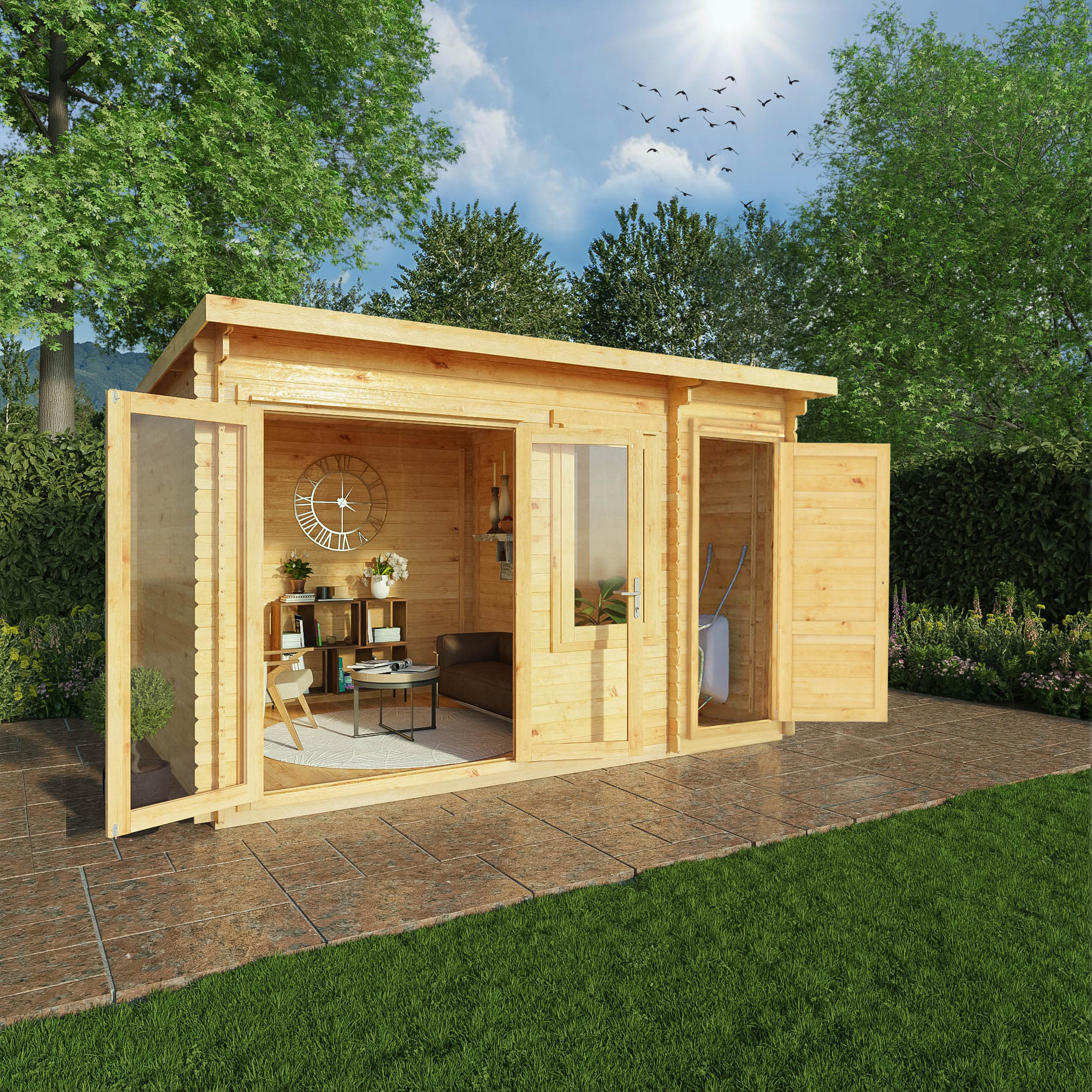 Mercia 28mm Elite Pent Log Cabin With Side Shed (13x10) (4.1m x 3m) (SI-006-002-0071 EAN 5029442019178)
