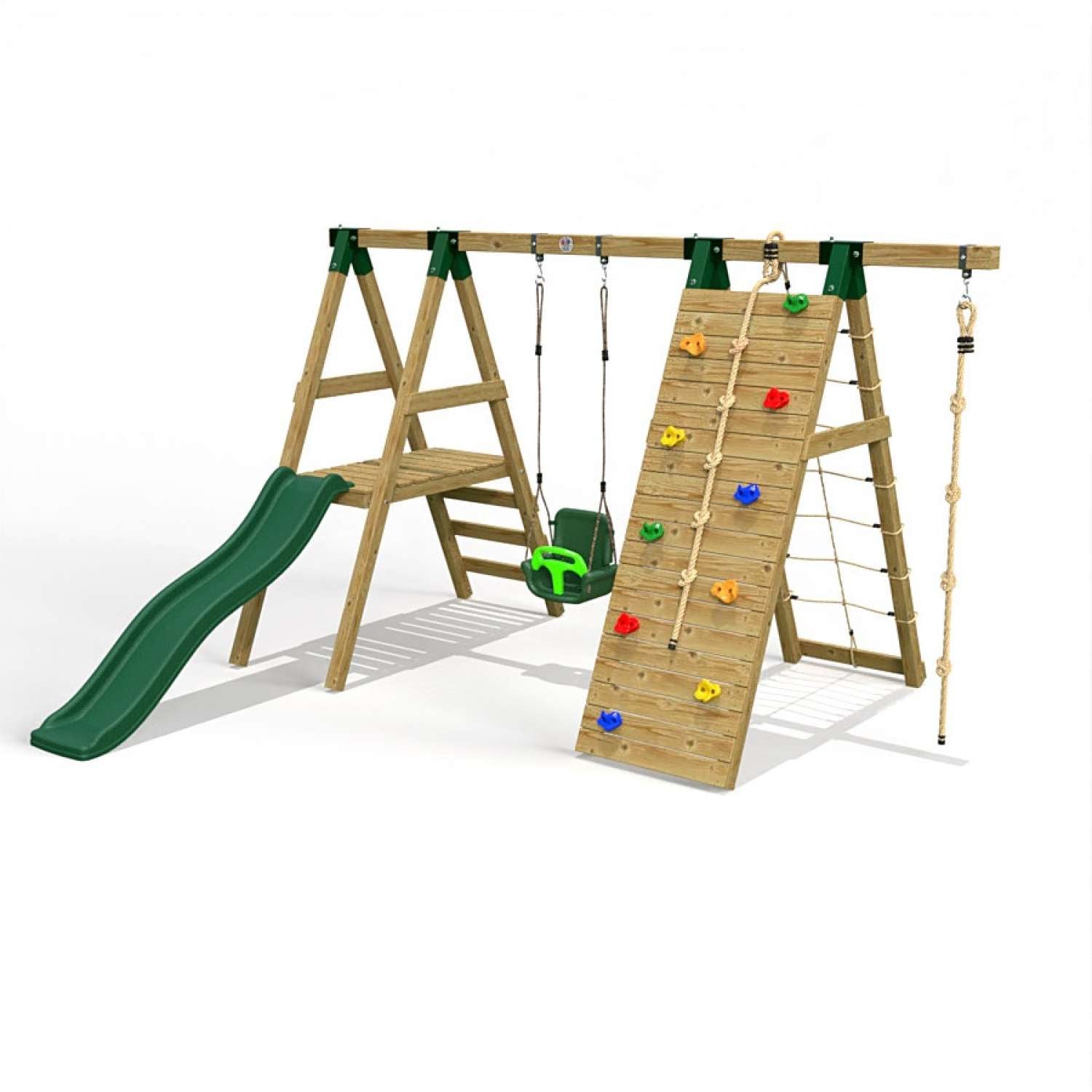 Little Rascals Single Swing Set with Slide, Climbing Wall/Net in