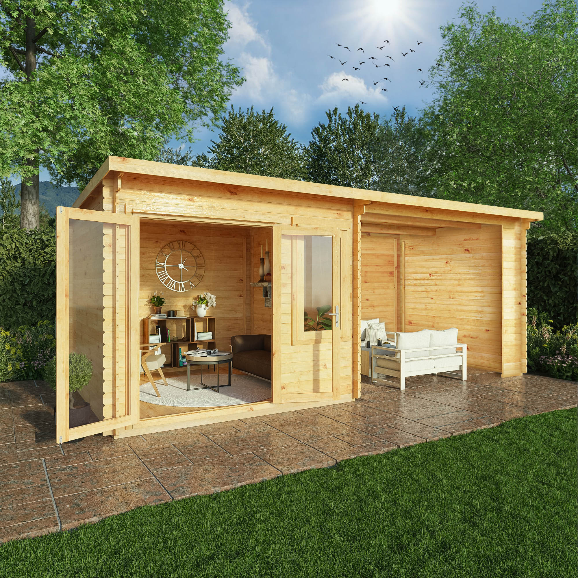 Mercia 28mm Elite Pent Log Cabin With Patio Area (20x10) (6m x 3m) (SI-006-002-0074 EAN 5029442019185)
