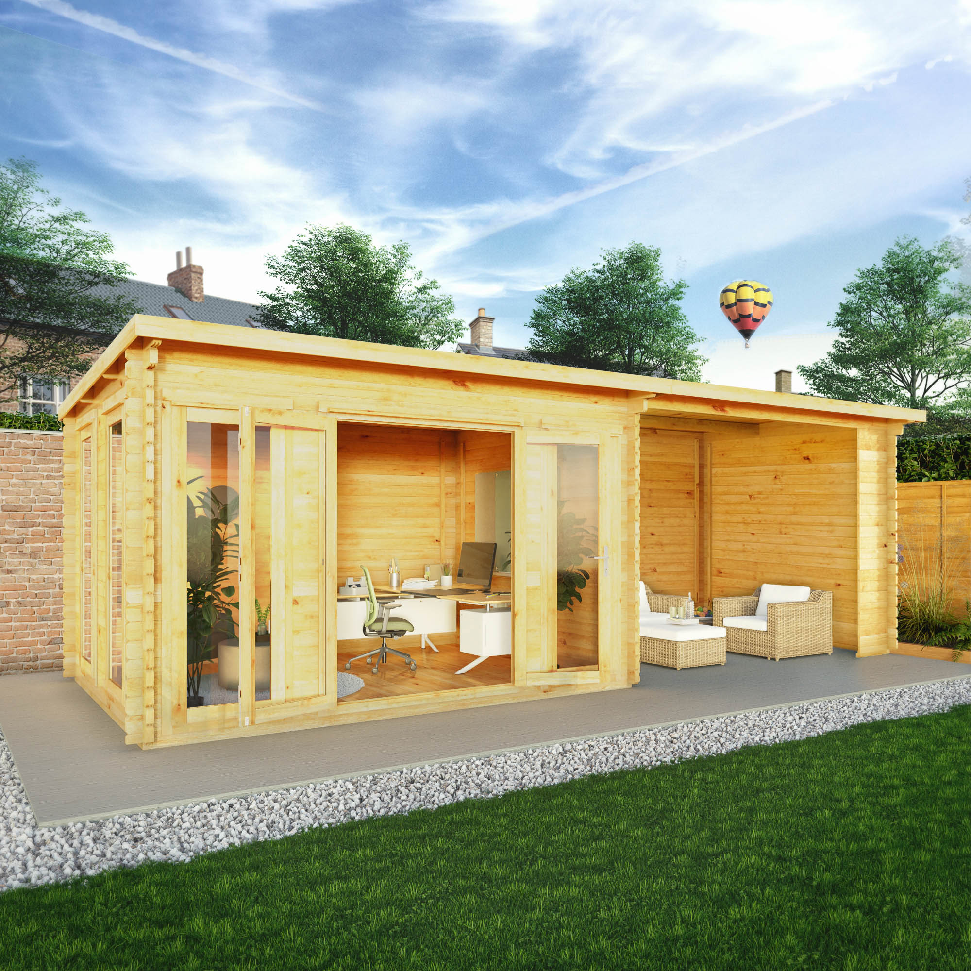 Mercia 34mm Studio Pent Log Cabin With Patio Area (23x10) (7m x 3m) (SI-006-003-0100 EAN 5029442019147)