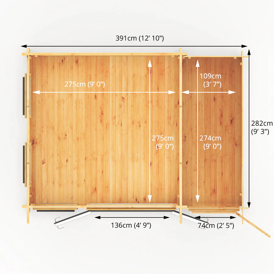 Mercia 44mm Studio Pent Log Cabin With Side Shed (13x10) (4.1m x 3m) (SI-006-040-0003 EAN 5029442018904)