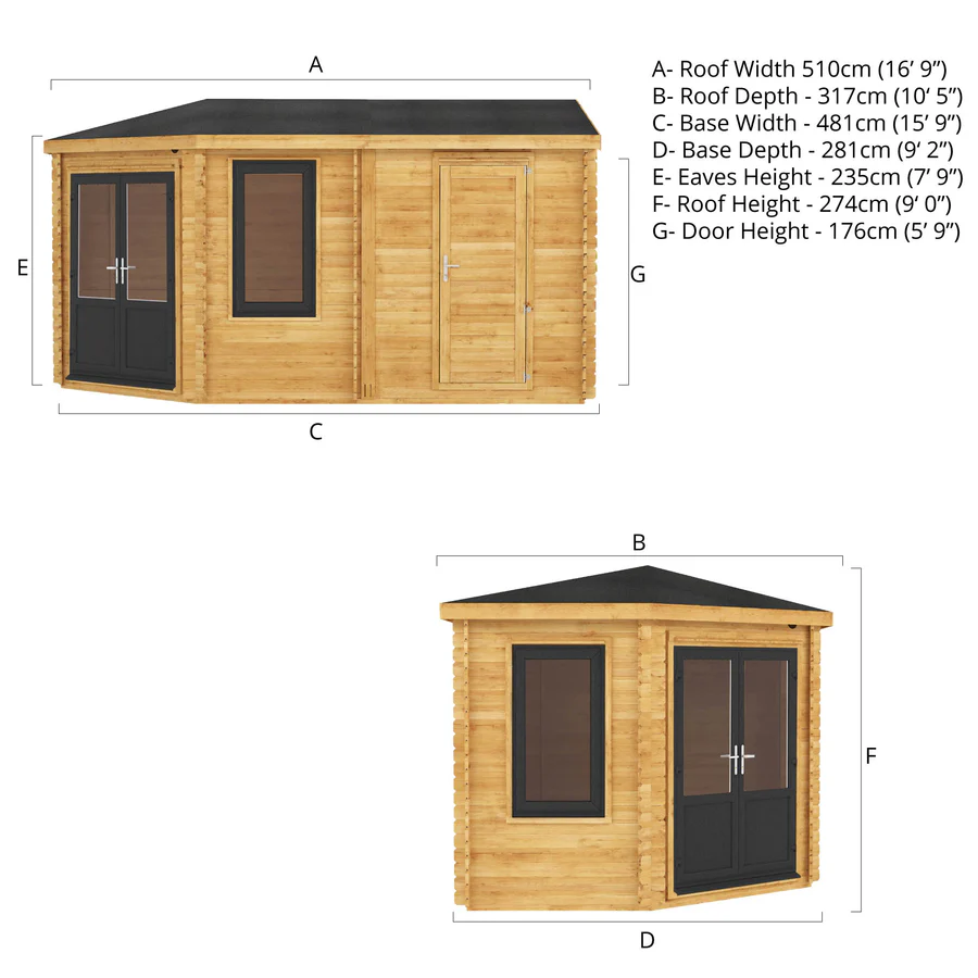 Mercia 44mm Corner Lodge Log Cabin With Side Shed (16x10) (5m x 3m) (SI-006-040-0030 EAN 5029442019307)
