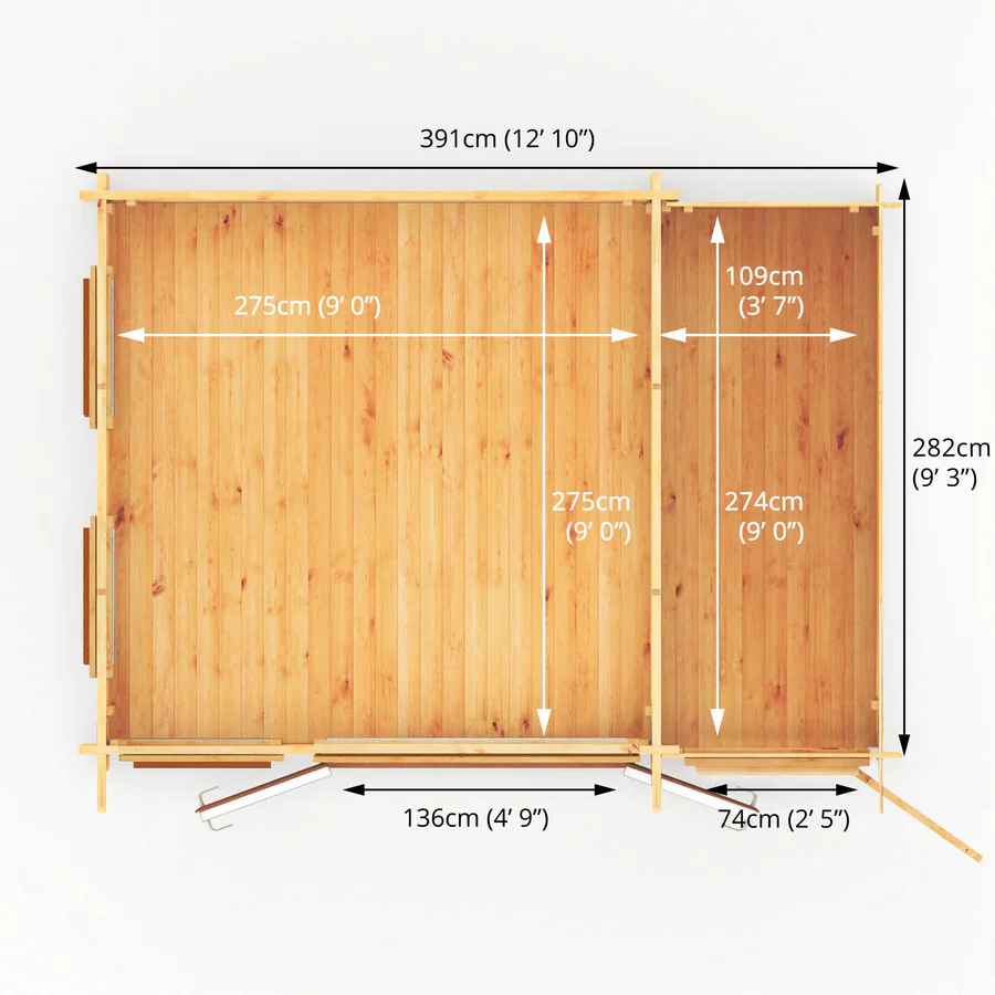 Mercia 44mm Studio Pent Log Cabin With Side Shed (13x10) (4.1m x 3m) (SI-006-042-0003 EAN 5029442018898)
