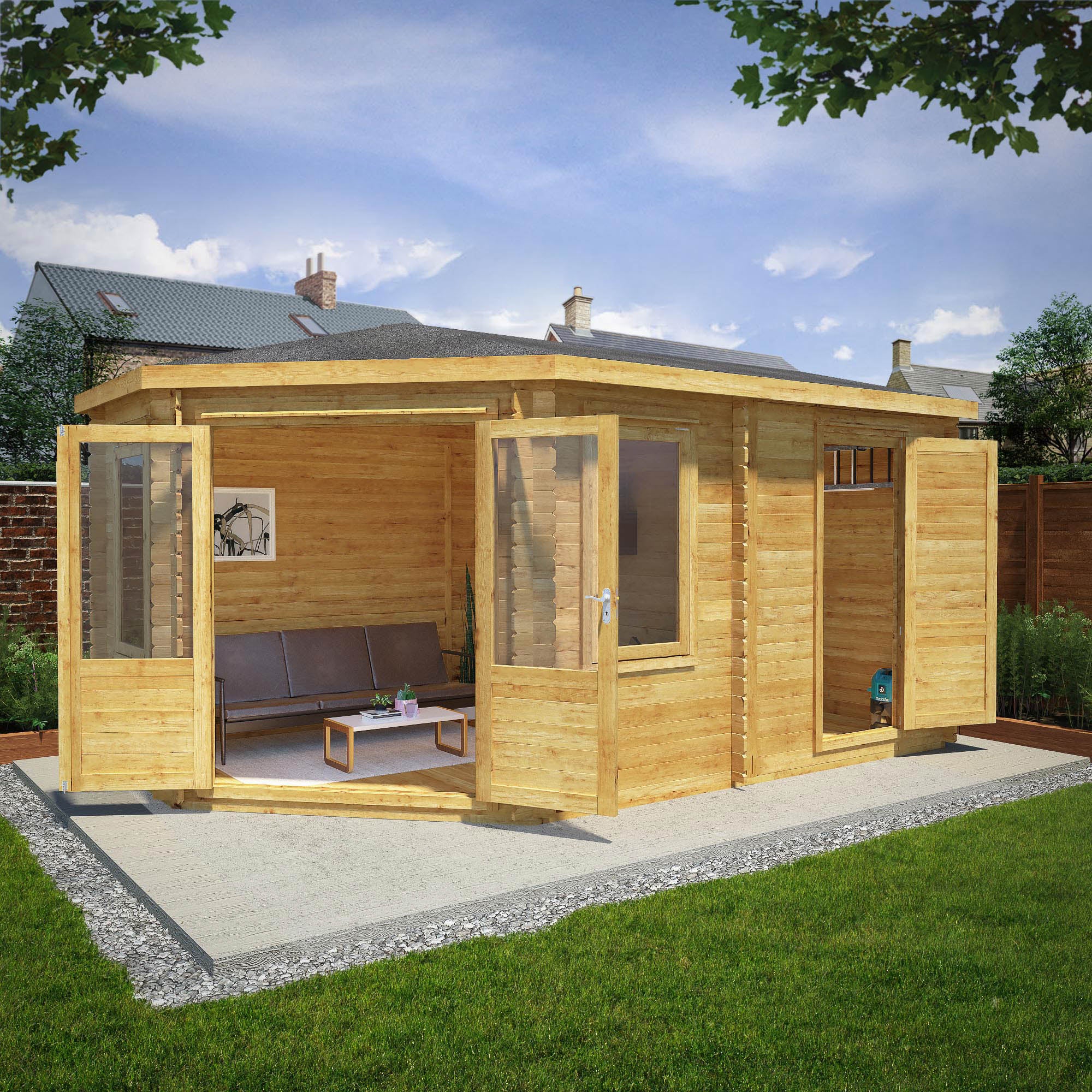 Mercia 44mm Corner Lodge Plus with Side Shed and Double Glazing (16x10) (5m x 3m) (SI-006-004-0082 - EAN 5029442005591)