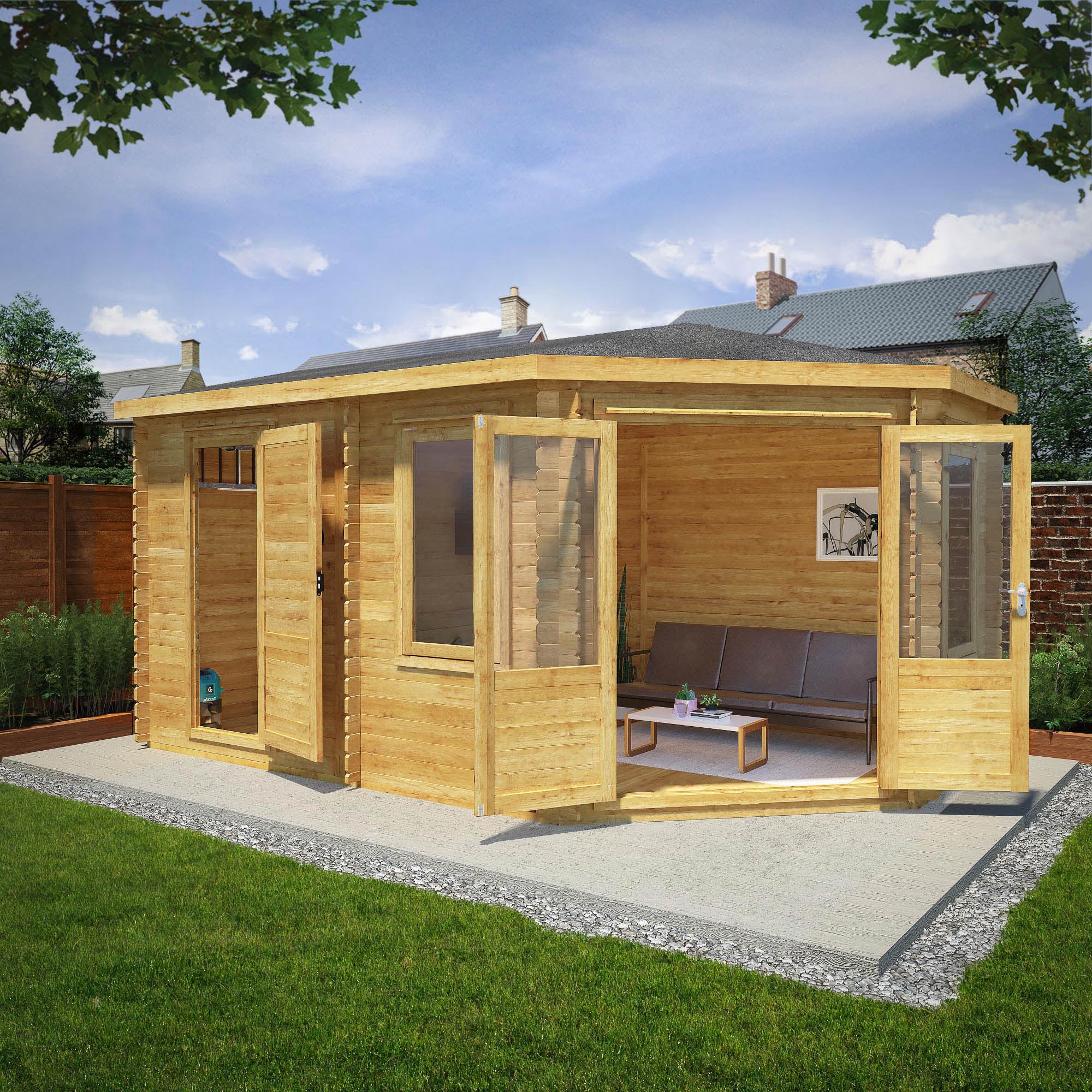 Mercia 44mm Corner Lodge Plus with Side Shed and Double Glazing (16x10) (5m x 3m) (SI-006-004-0082 - EAN 5029442005591)