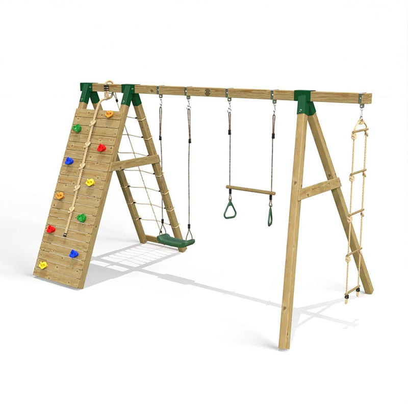 Little Rascals Double Swing Set Climbing Wall/Net, Swing Seat, Trapeze Bar & Rope Ladder