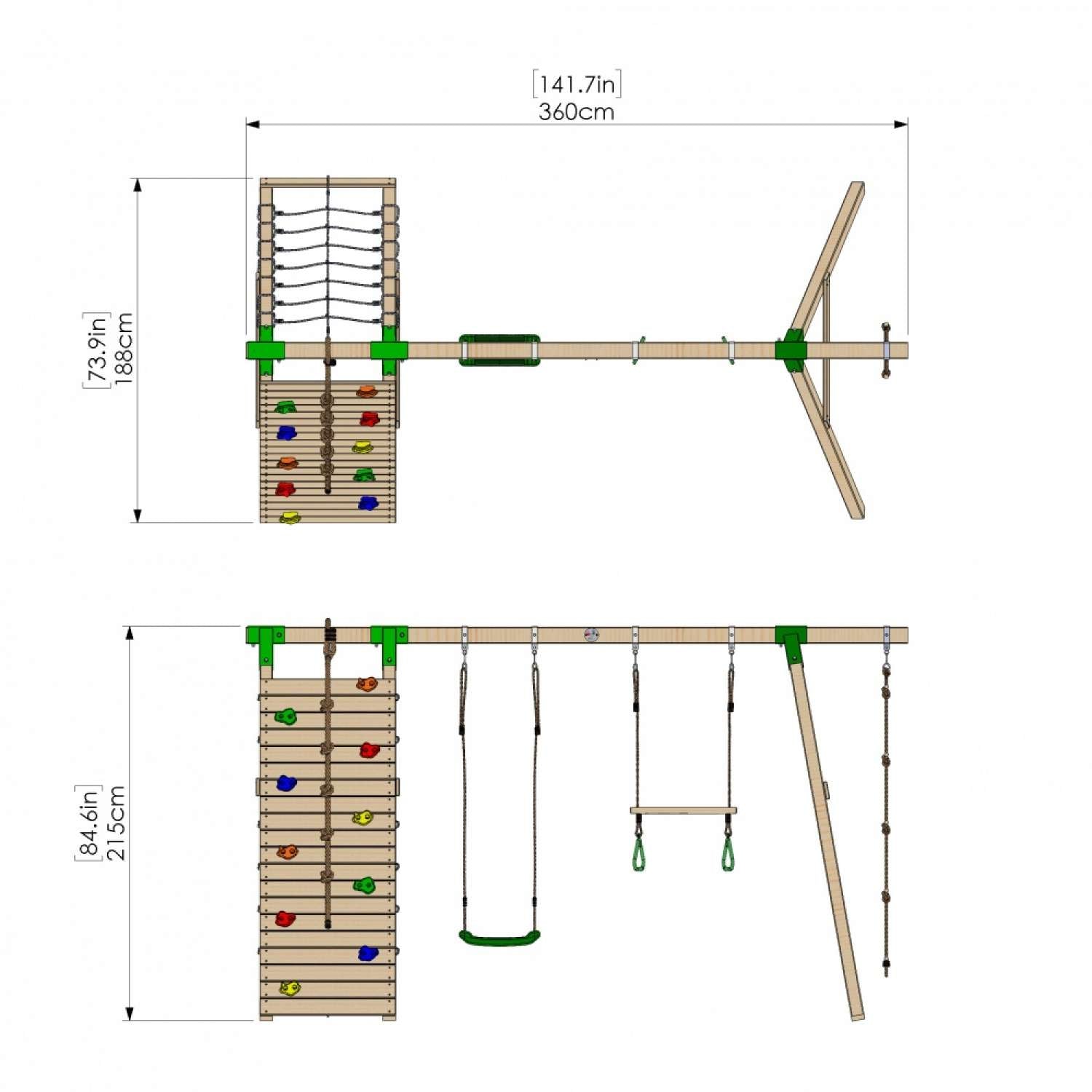 Little Rascals Double Swing Set Climbing Wall/Net, Swing Seat, Trapeze Bar & Rope Ladder