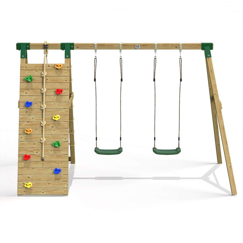 Little Rascals Double Swing Set with Climbing Wall/Net & 2 Swing Seats