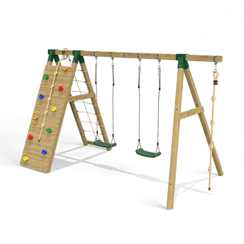 Little Rascals Double Swing Set with Climbing Wall/Net, 2 Swing Seats & Climbing Rope