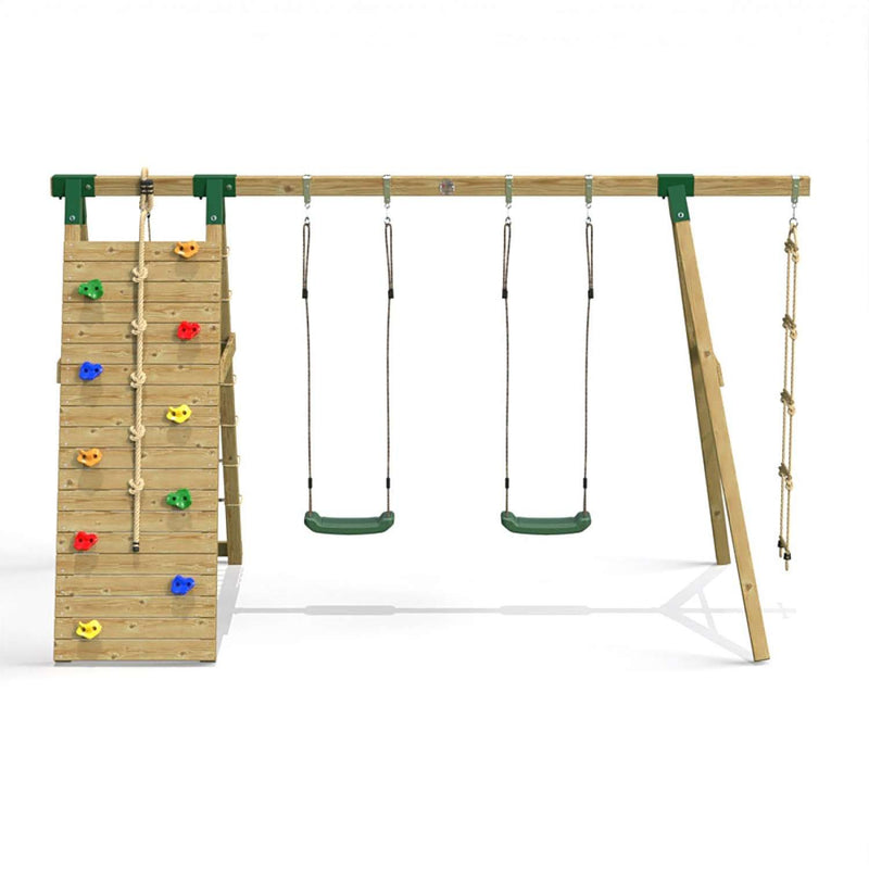 Little Rascals Double Swing Set with Climbing Wall/Net, 2 Swing Seats & Rope Ladder
