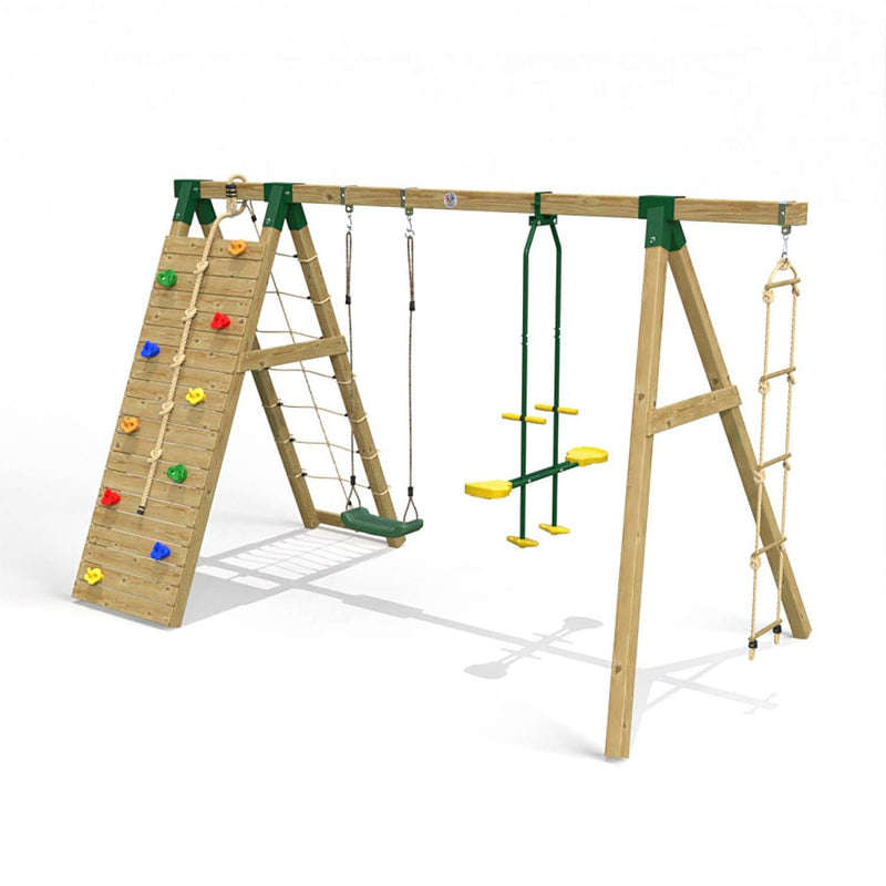 Little Rascals Double Swing Set with Climbing Wall/Net, Swing Seat, Glider & Rope Ladder