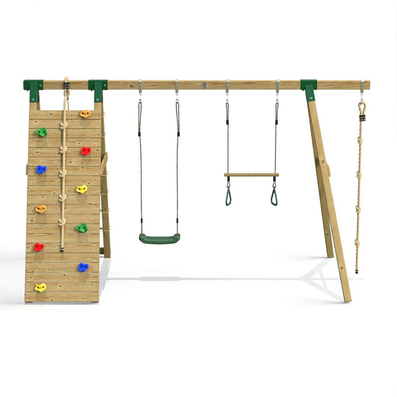 Little Rascals Double Swing Set with Climbing Wall/Net, Swing Seat, Trapeze Bar & Climbing Rope