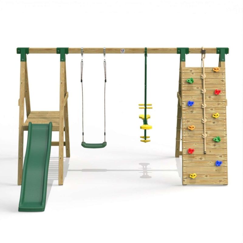 Little Rascals Double Swing Set with Slide, Climbing Wall/Net, Swing Seat & Glider