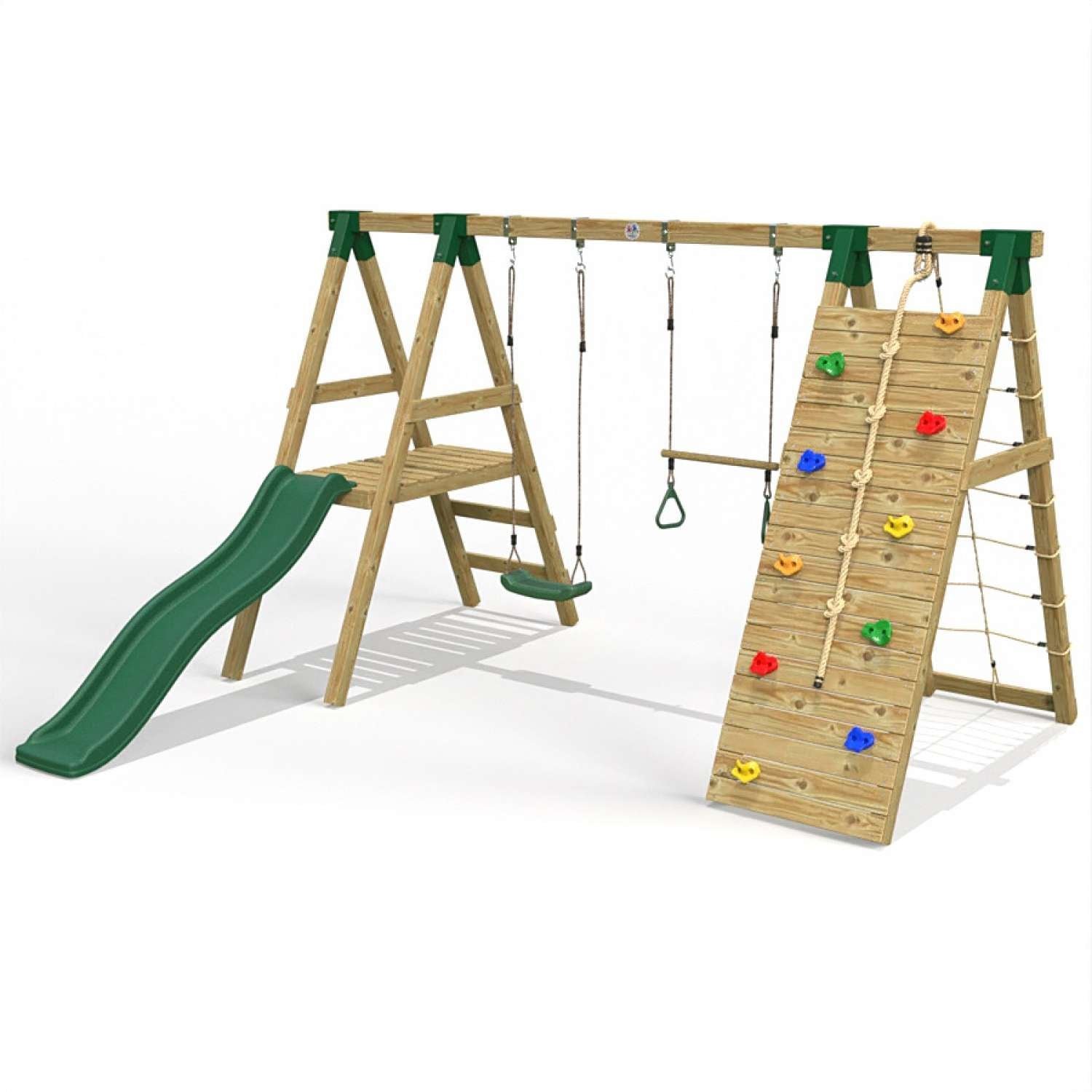 Little Rascals Double Swing Set with Slide, Climbing Wall/Net, Swing Seat & Trapeze Bar