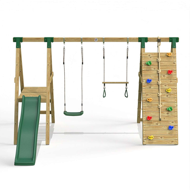 Little Rascals Double Swing Set with Slide, Climbing Wall/Net, Swing Seat & Trapeze Bar