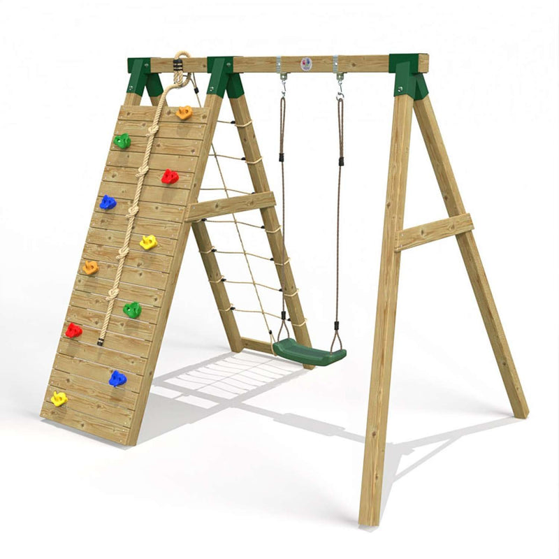 Little Rascals Single Swing Set with Climbing Wall/Net & Swing Seat