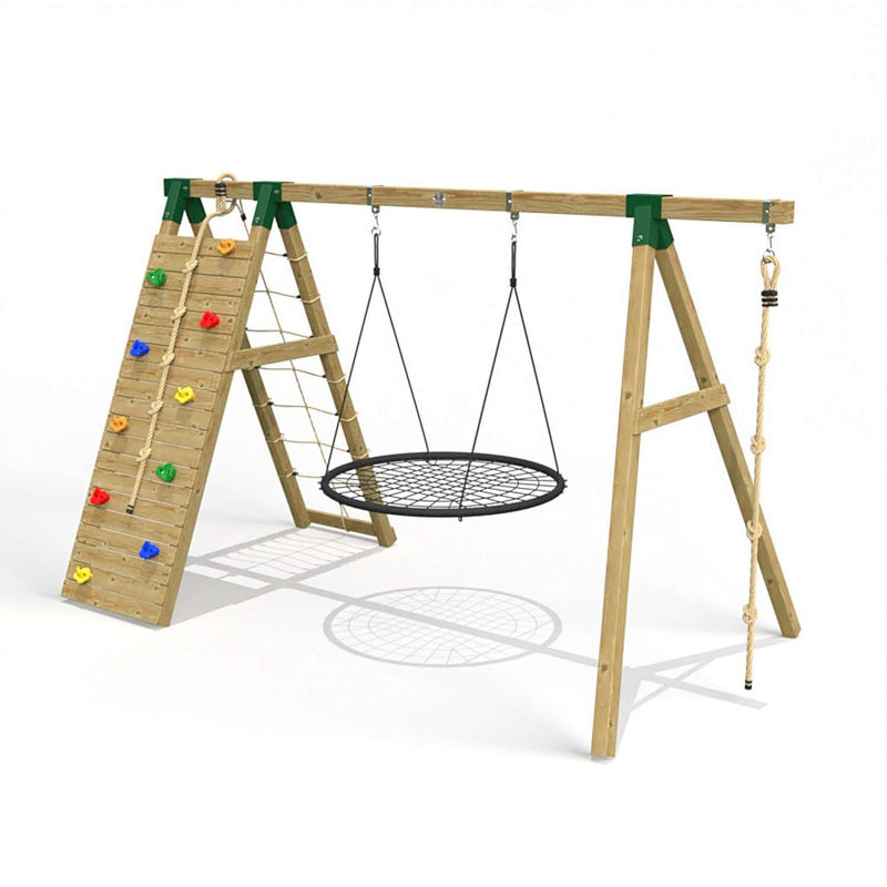 Little Rascals Single Swing Set with Climbing Wall/Net, Nest Swing & Climbing Rope