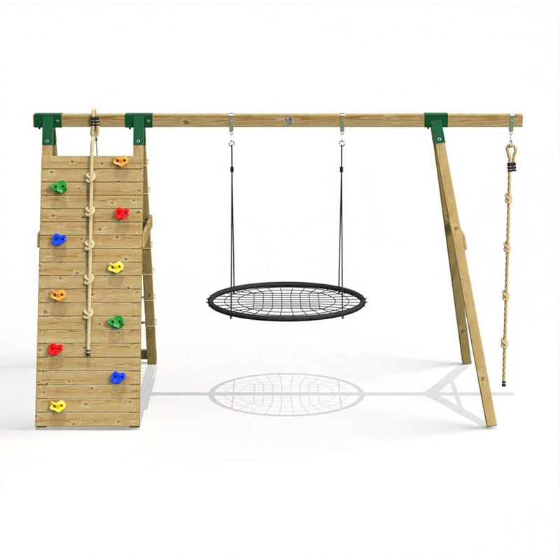 Little Rascals Single Swing Set with Climbing Wall/Net, Nest Swing & Climbing Rope