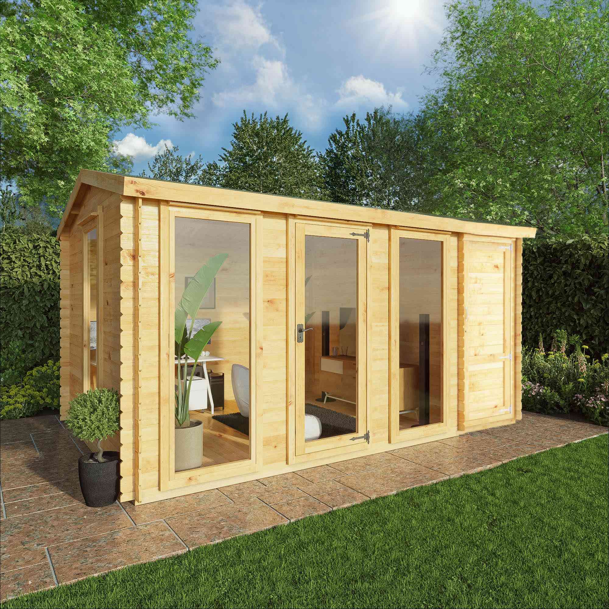 Mercia 19mm Reverse Apex Log Cabin With Side Shed (15x10) (4.6m x 3m) (SI-006-001-0040 EAN 5029442018744)