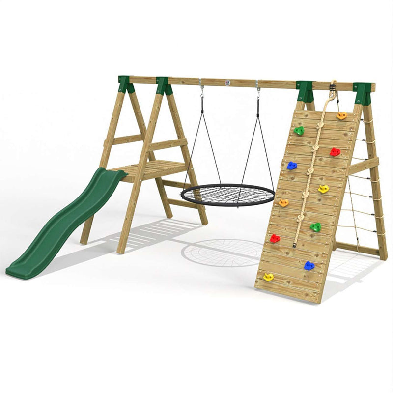 Little Rascals Single Swing Set with slide, climbing wall with net & nest swing