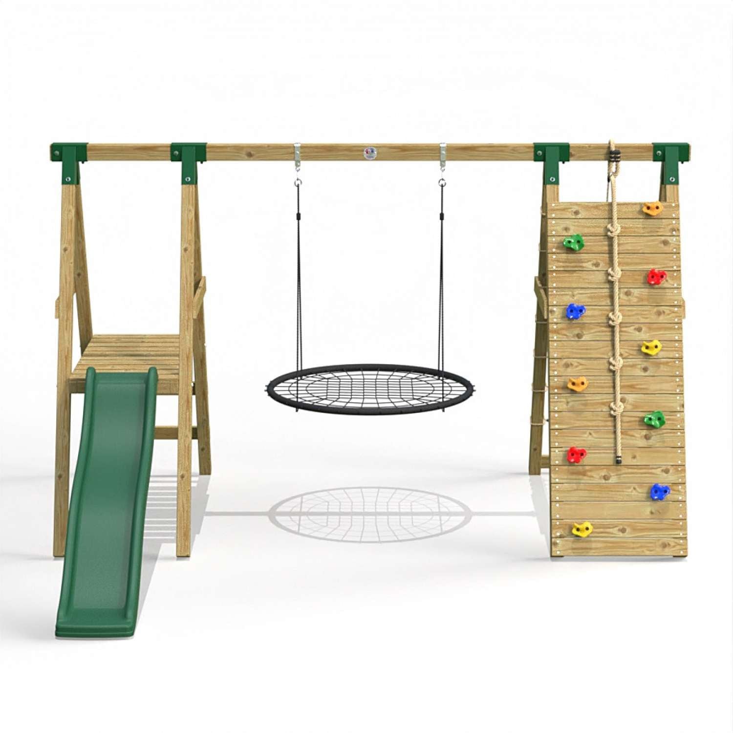 Little Rascals Single Swing Set with slide, climbing wall with net & nest swing