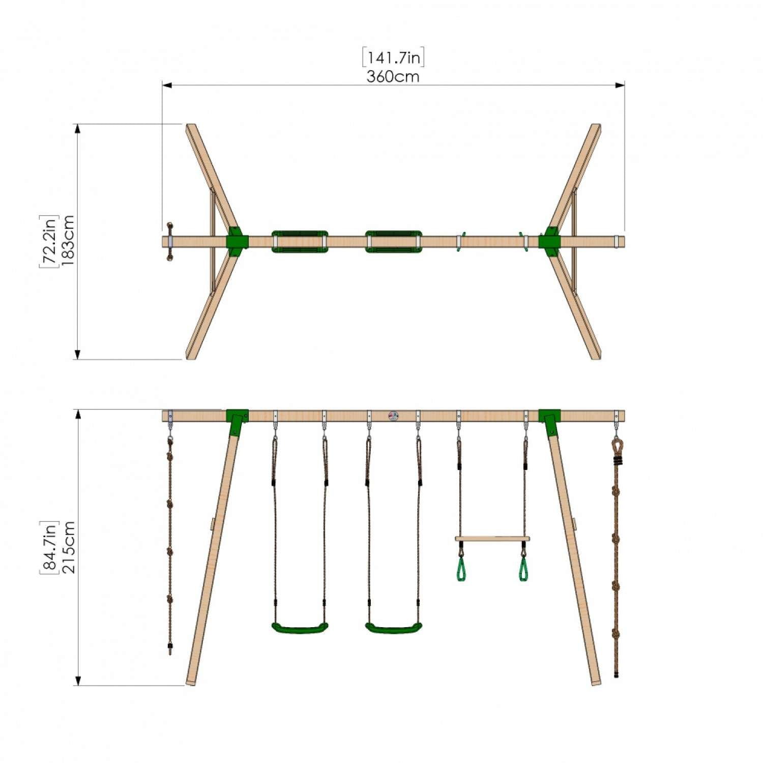 Little Rascals Triple Swing Set with 2 Swing Seats, Trapeze Bar, Climbing Rope & Rope Ladder