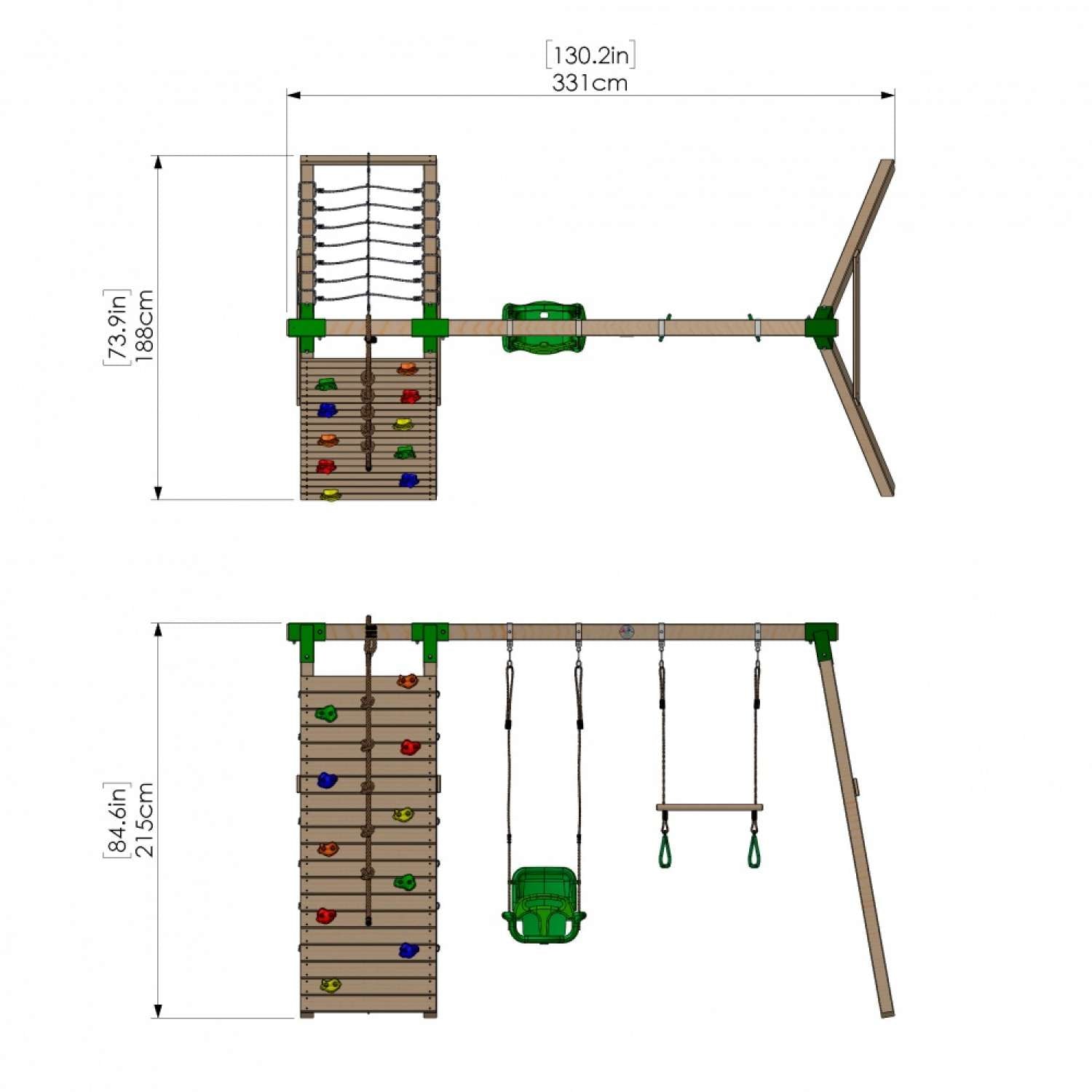 Little Rascals Double Swing Set with Climbing Wall/Net, 3 in 1 Baby Seat & Trapeze Bar