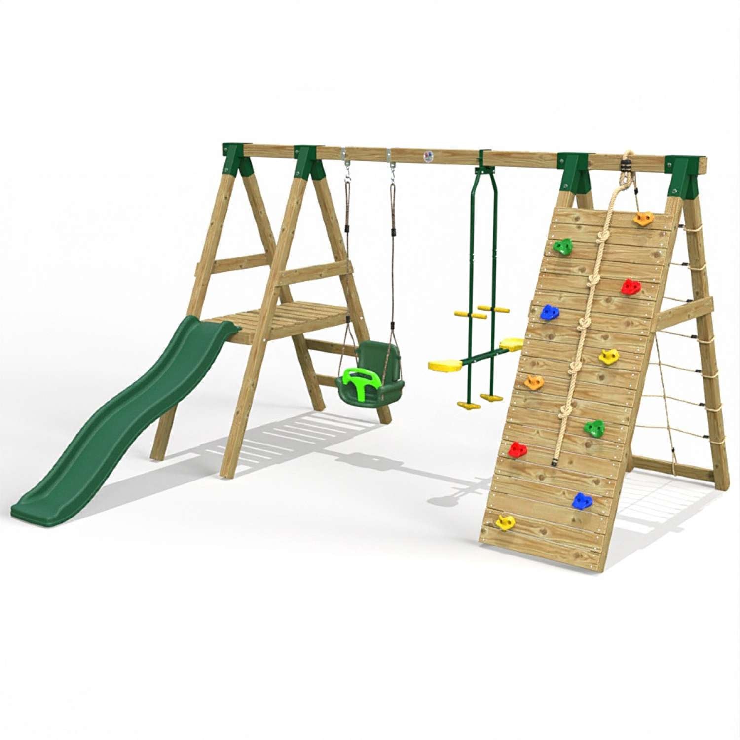 Little Rascals Double Swing Set with Slide, Climbing Wall/Net, 3 in 1 Baby Seat & Glider