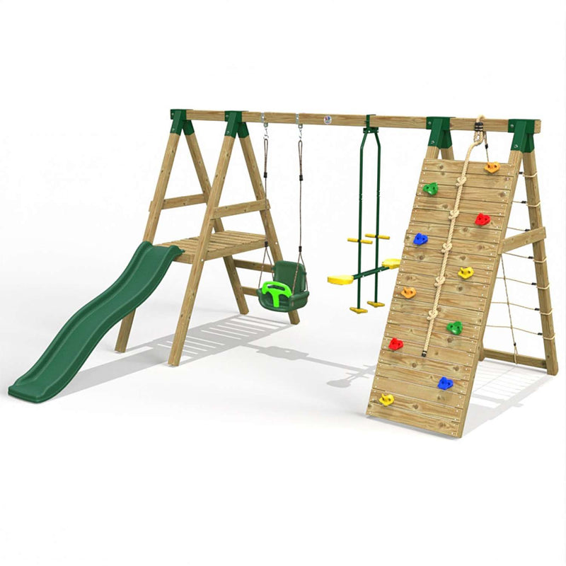 Little Rascals Double Swing Set with Slide, Climbing Wall/Net, 3 in 1 Baby Seat & Glider