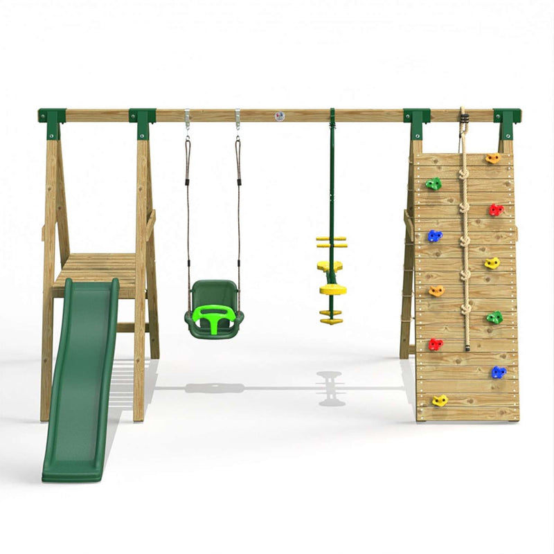 Little Rascals Double Swing Set with Slide, Climbing Wall/Net, 3 in 1 Baby Seat & Glider
