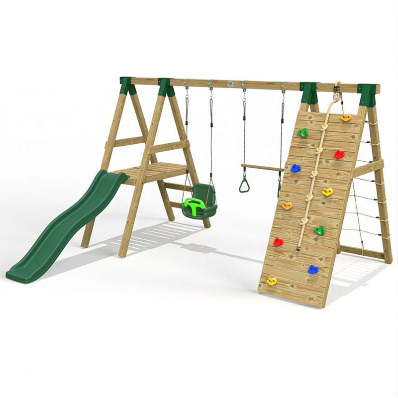 Little Rascals Double Swing Set with Slide, Climbing Wall/Net, 3 in 1 Baby Seat & Trapeze Bar