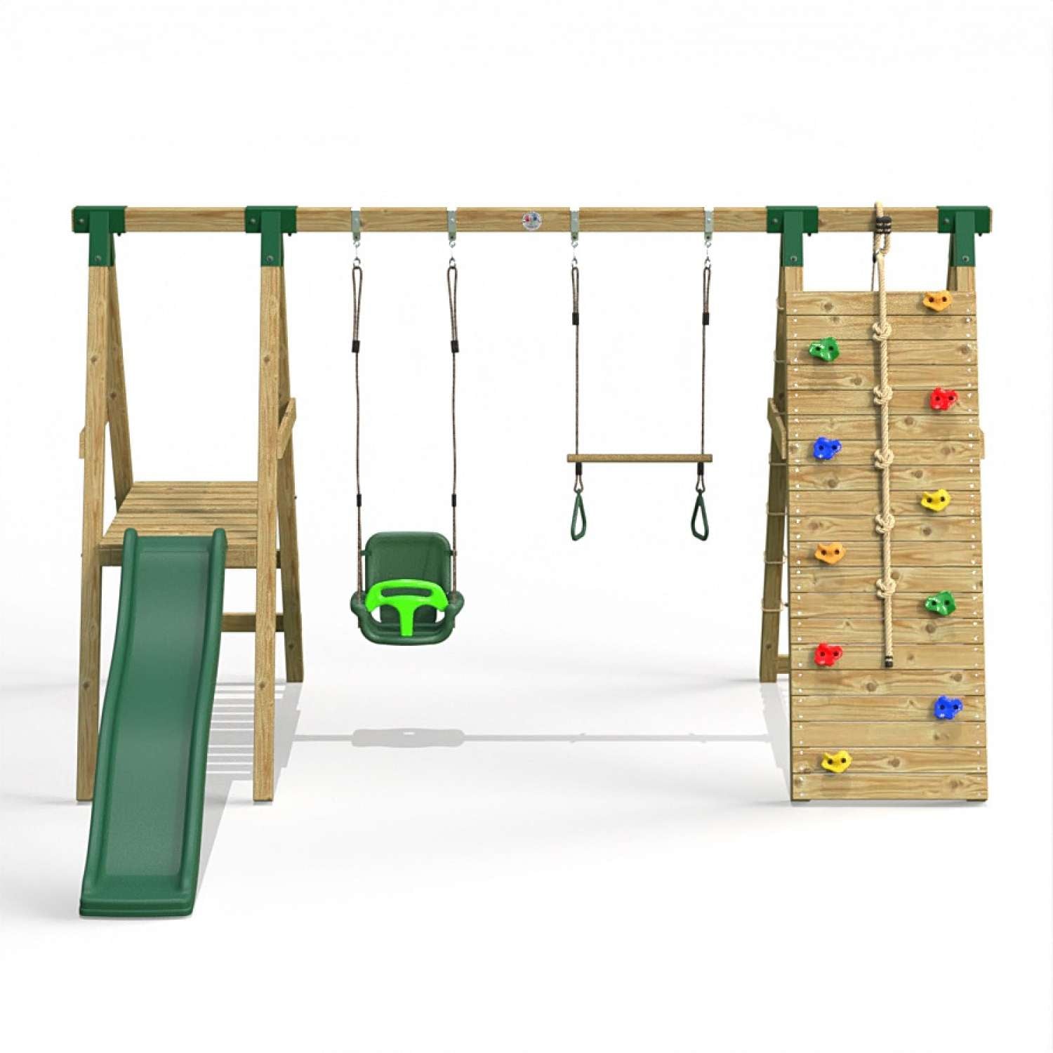 Little Rascals Double Swing Set with Slide, Climbing Wall/Net, 3 in 1 Baby Seat & Trapeze Bar