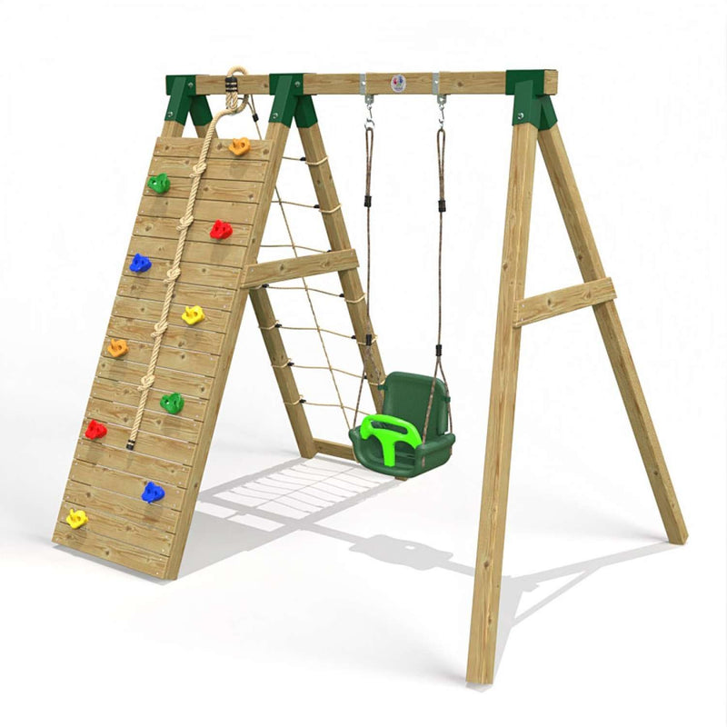 Little Rascals Single Swing Set with Climbing Wall/Net & 3 in 1 Baby Seat
