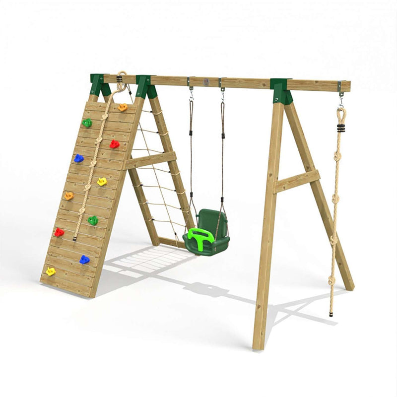 Little Rascals Single Swing Set with Climbing Wall/Net, 3 in 1 Baby Seat & Climbing Rope