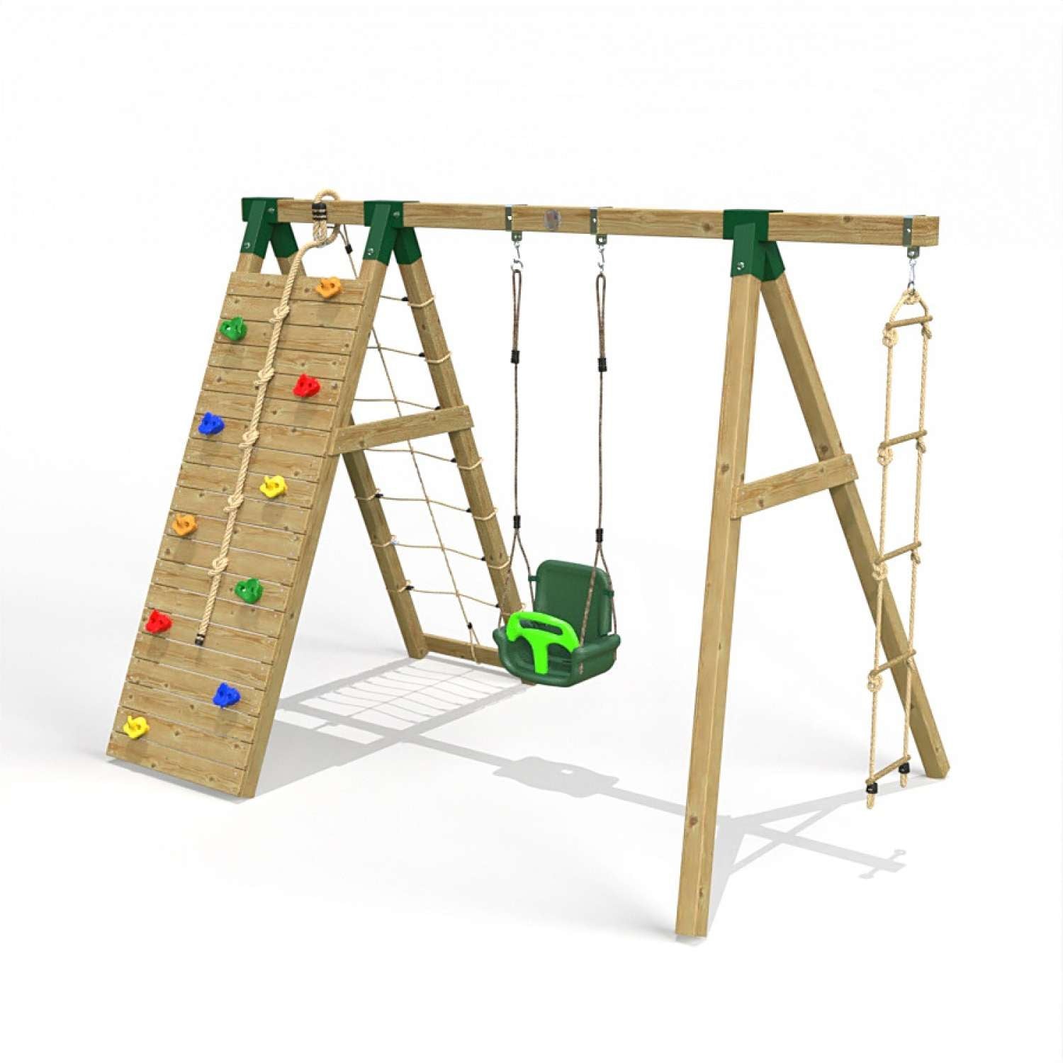 Little Rascals Single Swing Set with Climbing Wall/Net, 3 in 1 Baby Seat & Rope Ladder