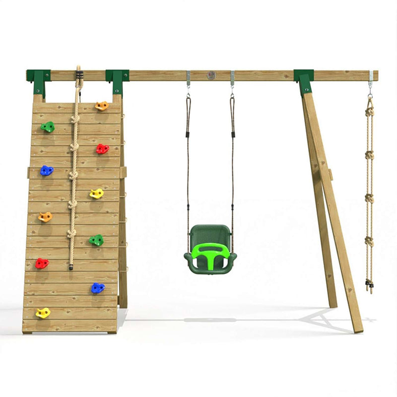 Little Rascals Single Swing Set with Climbing Wall/Net, 3 in 1 Baby Seat & Rope Ladder