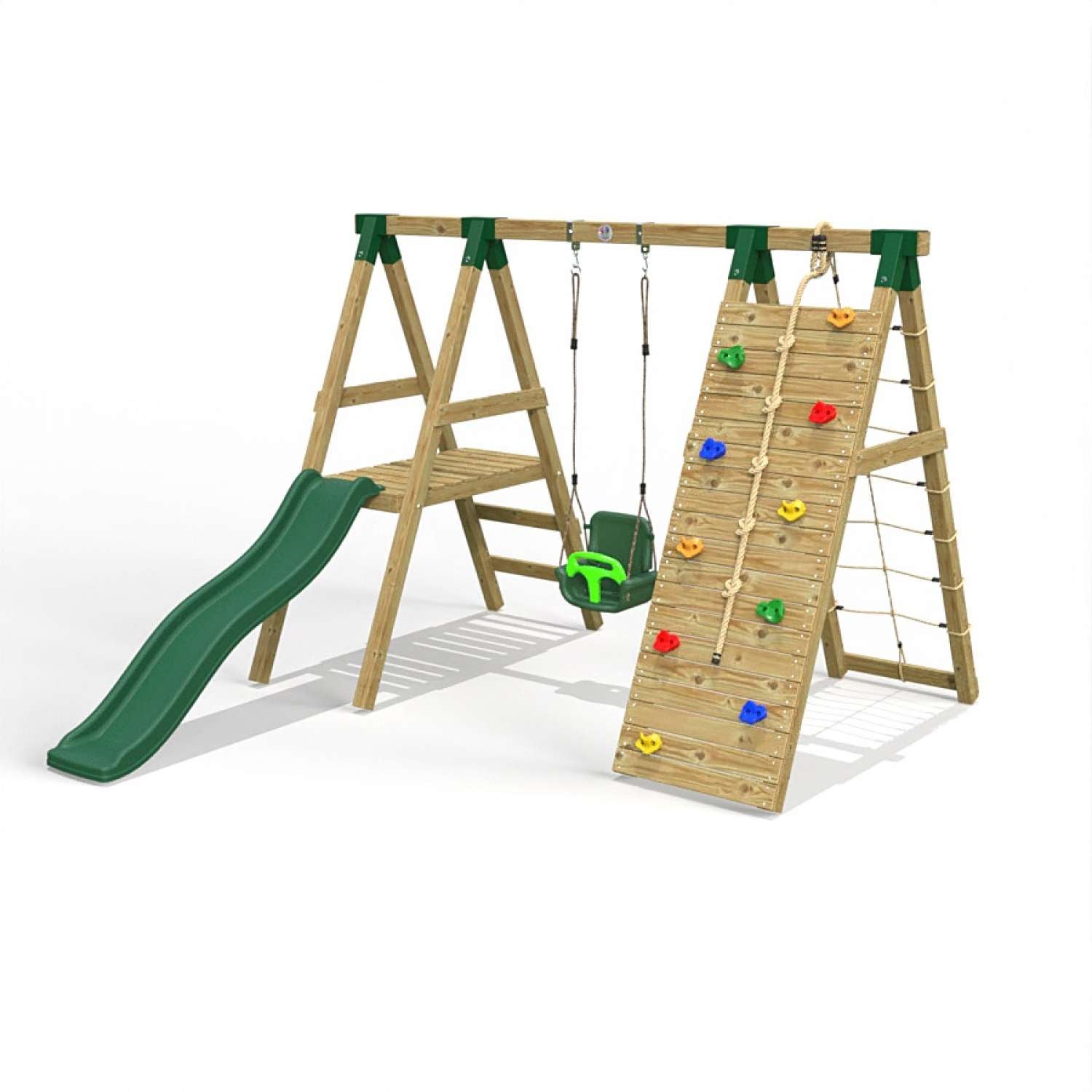 Little Rascals Single Swing Set with Slide, Climbing Wall/Net & 3 in 1 Baby Seat